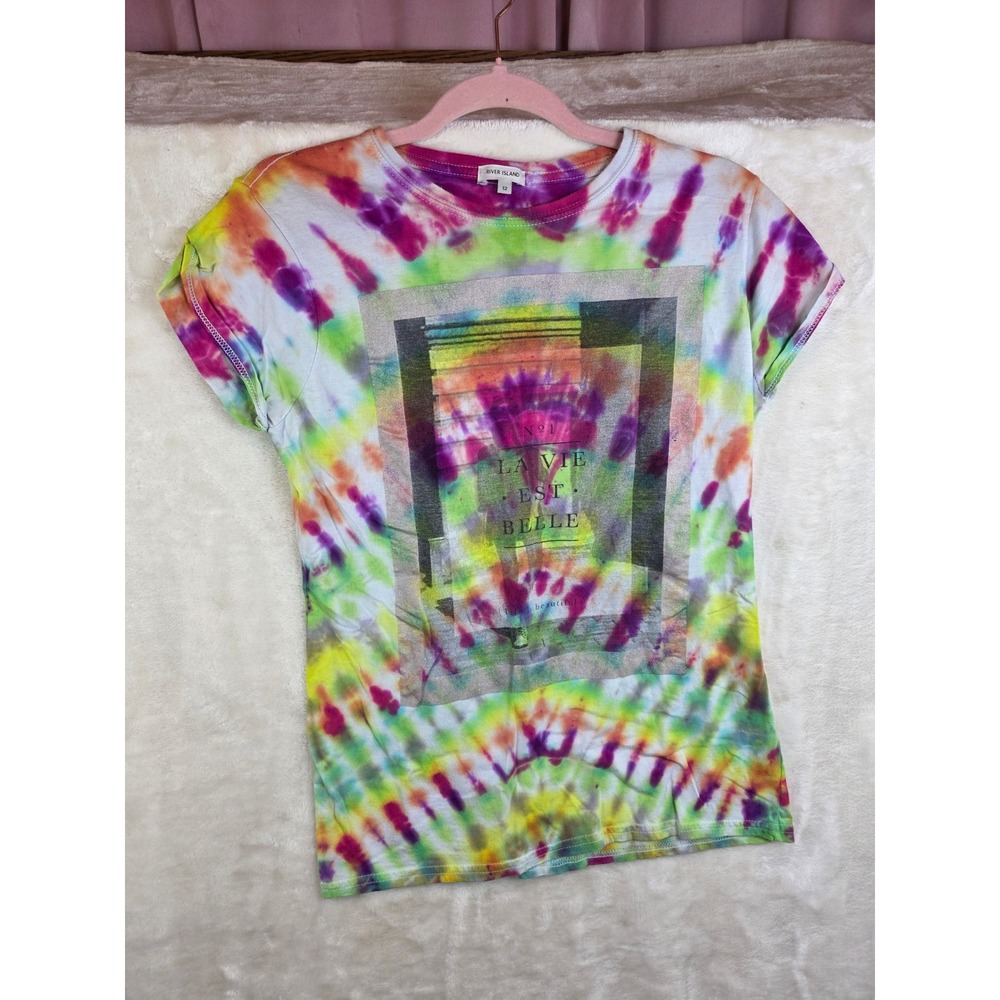 River Island Tie Dye Graphic T-Shirt La Vie Est‎ Belle Rainbow Womens Size 12